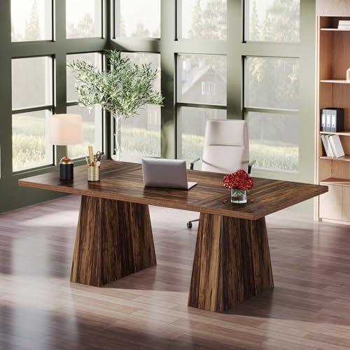 Tribesigns 63-Inch Executive Desk, Large Office Computer Desk with Double Pedestal, Modern Simple Workstations Writing Table Conference Table Business Furniture for Home Office, Rustic Brown