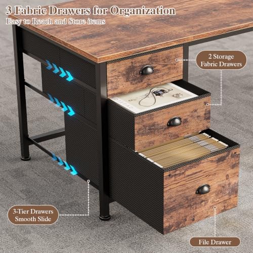 Furologee 55" L Shaped Desk with Power Outlets & USB-C Port, Reversible Corner Office Desk with File Drawers, Work Study Gaming Table for Home Office, Dorm, Rustic Brown