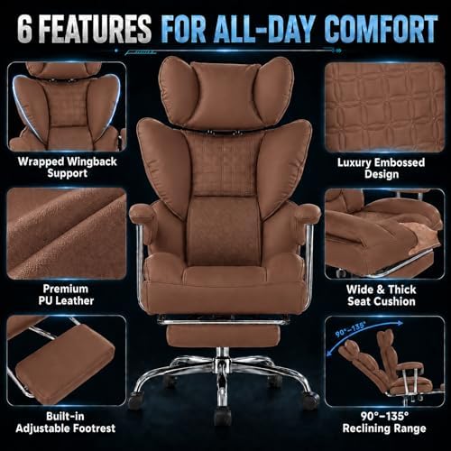 Big and Tall Office Chair 350 LBS, Scratch-Resistant PU Leather Executive Office Desk Chair with Footrest, Ergonomic Reclining Computer Chair with Pocket Spring Support for Home Office, Brown