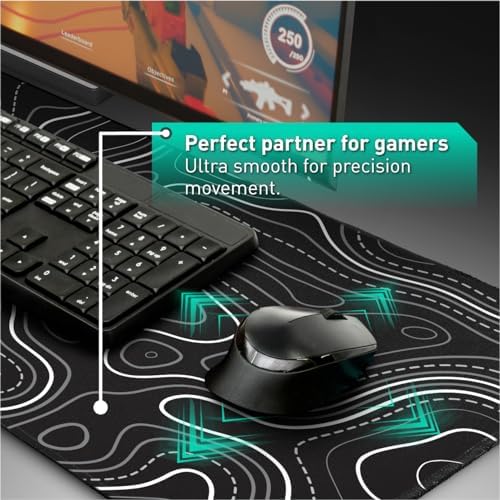 Pixiecube Minimalist Topographic Map Mouse Pad - Contour Extended Large Stitch Edge Mousepad. Black & White Non-Slip XXL Gaming Desk Mat