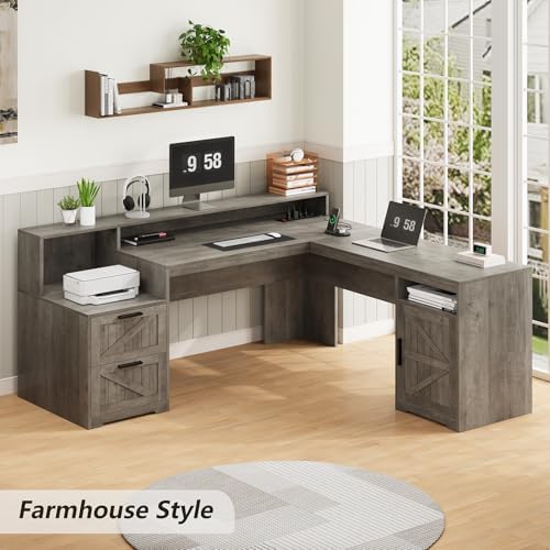 63" Farmhouse L Shaped Desk with Drawers & Printer Shelf for Home Office