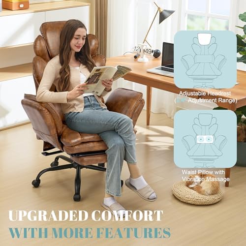 Flip Armrests Criss Cross Office Chair, Reclining Office Chair with Foot Rest, Adjustable Headrest, Massage Waist Pillow, Cross Legged Big and Tall Desk Chair Wide Seat Vanity Chair, Brown PU Leather