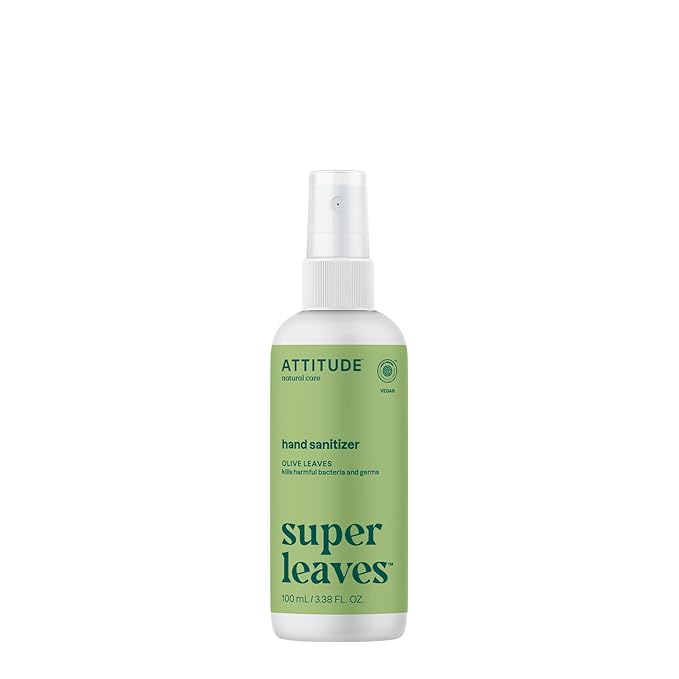 ATTITUDE Hand Sanitizer Spray, EWG Verified, Kills Germs & Bacteria, Vegan & Plant-Based, Safe for Adults & Kids, Olive Leaves Scent, 3.38 Fl Oz (Spray Bottle)