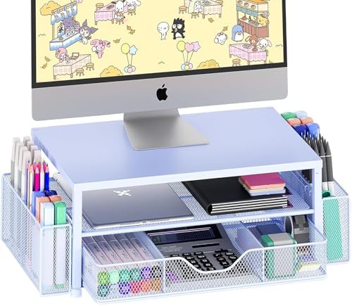 OPNICE Desk Organizers and Accessories, Computer Monitor Stand Riser with Drawer and 2 Pen Holders, Printer & Laptop Stand, Office Desk Accessories & Workspace Organizers for Home Office Supplies, Blue