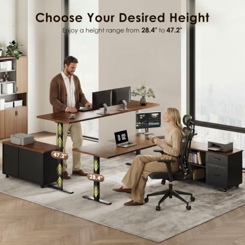 OffiGo 63" L Shaped Electric Standing Desk with Cabinet Sets, Walnut/Black