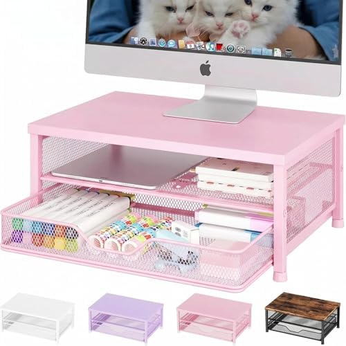 OPNICE Computer Monitor Stand Riser, Desk Organizer with Drawer, Printer & Laptop Stand, Office Desk Accessories & Workspace Desktop Organizers Storage for Office Supplies(Pink)