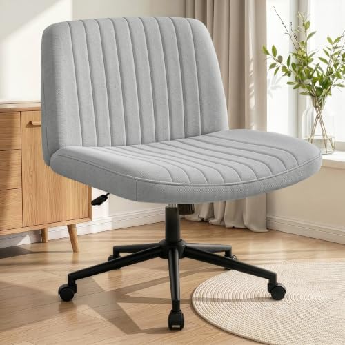 NEO CHAIR Criss Cross Chair with Wheels Armless Cross Legged Office Desk Wide Comfy Vanity Makeup Chair Adjustable Swivel Rolling Computer for Home Office Fabric (Grey)