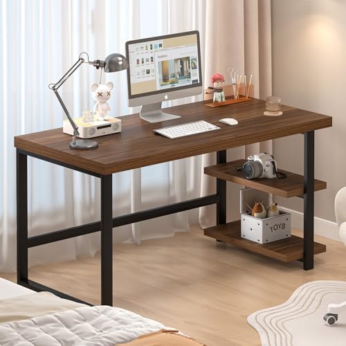 FOLUBAN 47 Inch Computer Desk, Small Home Office Desk with Storage Shelves, Industrial Writing Study Gaming Table Workstation for Living Room Bedroom, Rustic Walnut