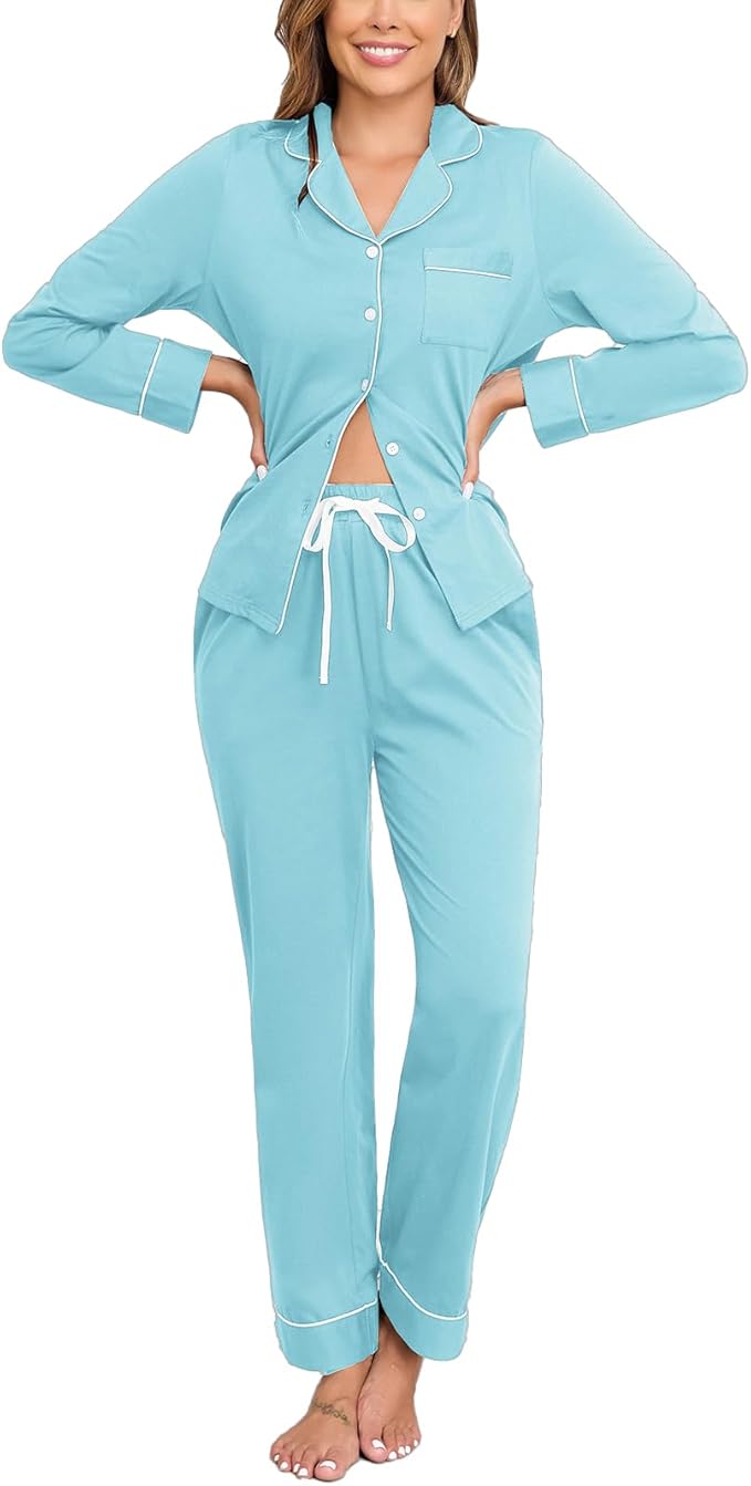 Veseacky 100% Cotton Pajamas for Women Set Long Sleeve Button Down Sleepwear Soft Pjs Lounge Sets with Pockets S-XXL