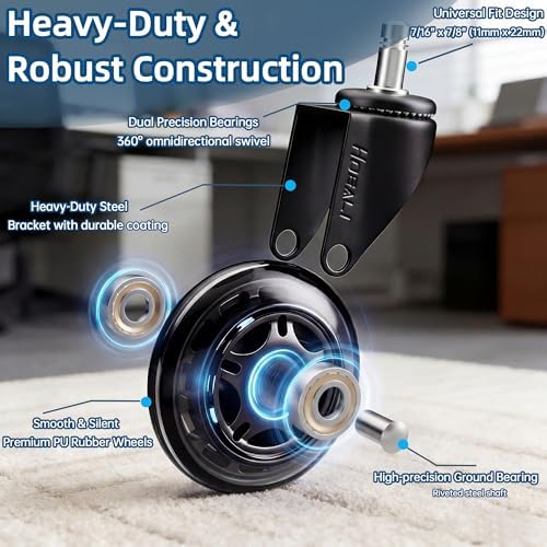 HOSALI 3 Inch Office Chair Wheels - Rubber Chair Casters Replacement, Heavy-Duty Computer Gaming Desk Caster Wheel Smooth & Safe Rolling for All Floors Including Hardwood and Carpet, Set of 5