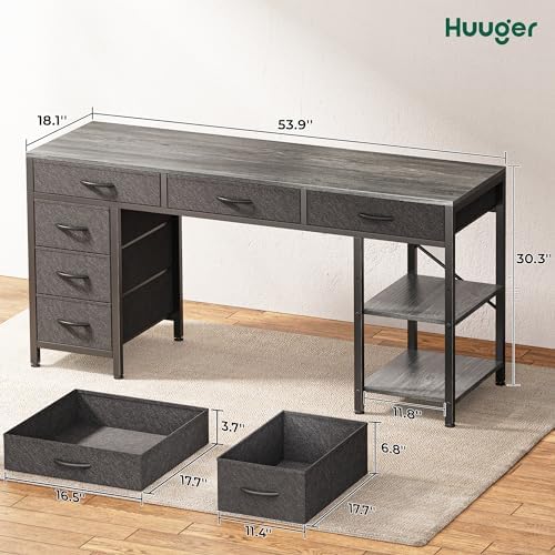 Huuger Computer Desk with 6 Drawers, Office Desk with Shelves, Reversible Gaming Desk, Corner Desk with Storage, Work for Home Office, Study, Living Room, 54inch, Grey
