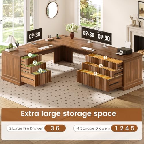 SEDETA Fluted 78.8" L Shaped Desk with 6 Drawers, Fluted Brown