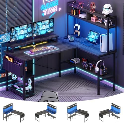 Aheaplus L Shaped Gaming Desk with Power Outlets & LED Lights, Black Oak
