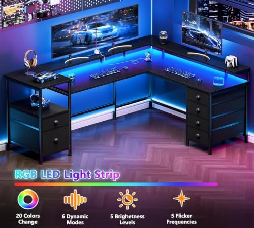 Furologee 66'' L Shaped Gaming Desk with 6 Drawers, LED, Outlets, Black