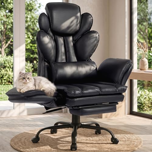 Flip Armrests Criss Cross Office Chair, Reclining Office Chair with Foot Rest, Adjustable Headrest, Massage Waist Pillow, Cross Legged Big and Tall Desk Chair Wide Seat Vanity Chair,Black PU Leather
