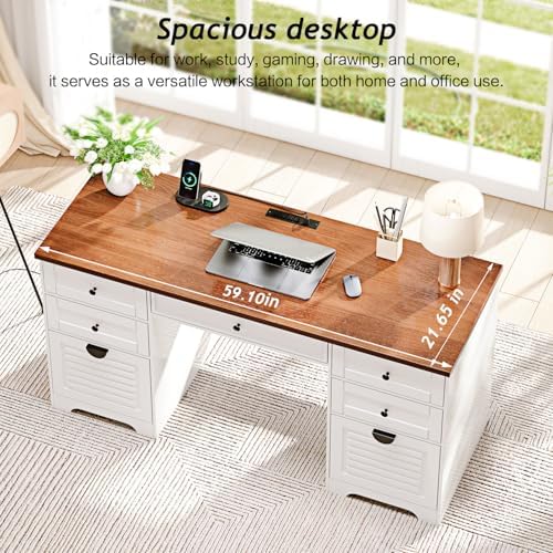 Ieejdn 59" Home Office Desks, Executive Desk, Farmhouse Computer Desk with 7 Drawers and Charging Station, File Drawer, Rustic Computer Writing Desk,Antique Cream