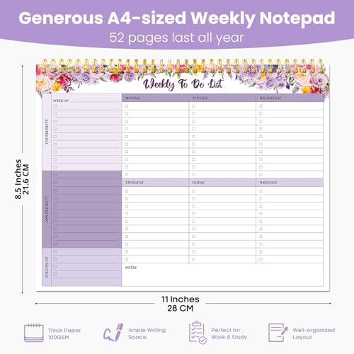 Weekly To Do List Notepad with 52 Undated Sheets（8.5"×11"）- Undated Weekly Planner Notepad for Office Desk Accessories and Supplies - Lavender Charm