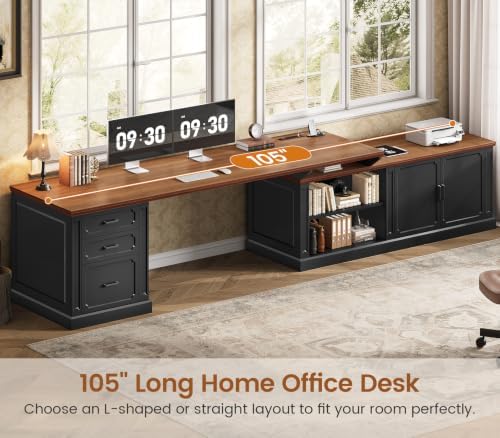 SEDETA Farmhouse L Shaped Desk with Drawers, 70.9" Home Office Desk with Storage Cabinet and Storage Shelves, L Shaped Computer Desk with Power Outlet，Black+Brown