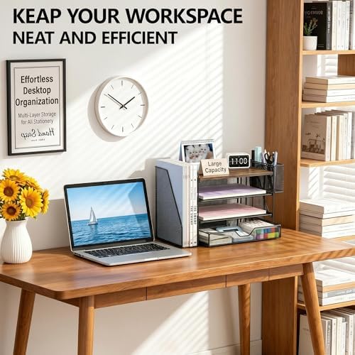 OPNICE Desk Organizers and Accessories, 4-Tier Desktop File Organizer with Drawer and Pen Holders, Office Desk Accessories Workspace Organizers for Office Supplies (Brown)