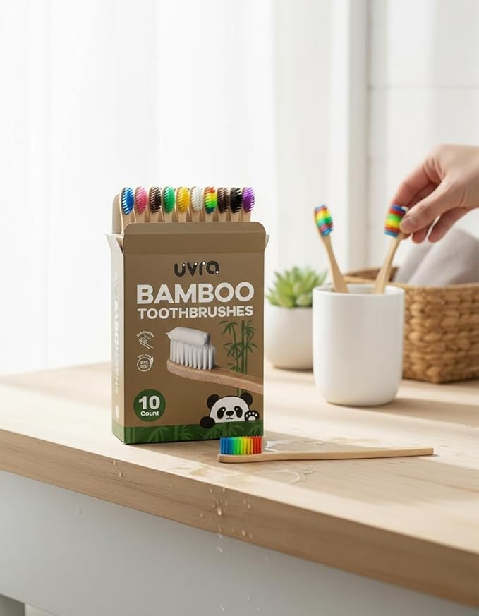 Bamboo Toothbrushes for Adults - 10 Pack Biodegradable Bamboo Toothbrush Teeth Colorful Bristle Natural Bamboo Tooth Brush Dental Eco Wood Toothbrushes (Rainbow)