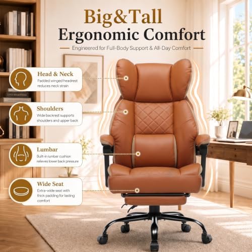 GTPLAYER Big&Tall Ergonomic Gaming Chair, Wide Spring Seat, Linkage Armrest,Brown