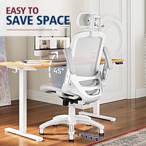 GABRYLLY Ergonomic Office Chair, High Back Home Desk Chair with Headrest, Flip-Up Arms, 90-120° Tilt Lock and Wide Cushion, 300LBS Mesh Chairs for Man Woman, White Task Chair(Grey,GY01WG)