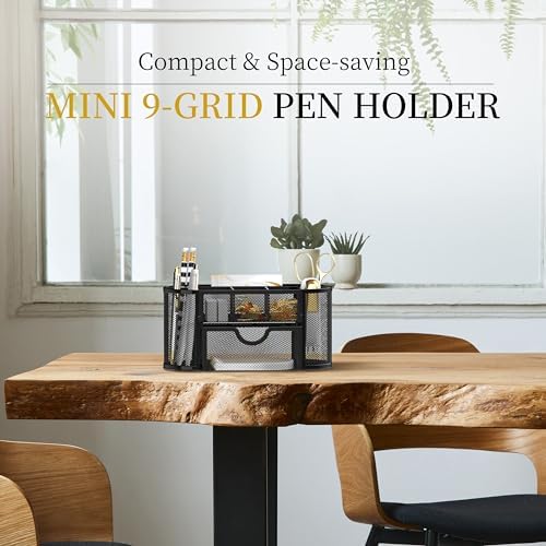Mesh Desk Organizer with Drawer, 9-Compartment Pen Holder for Desk, Black