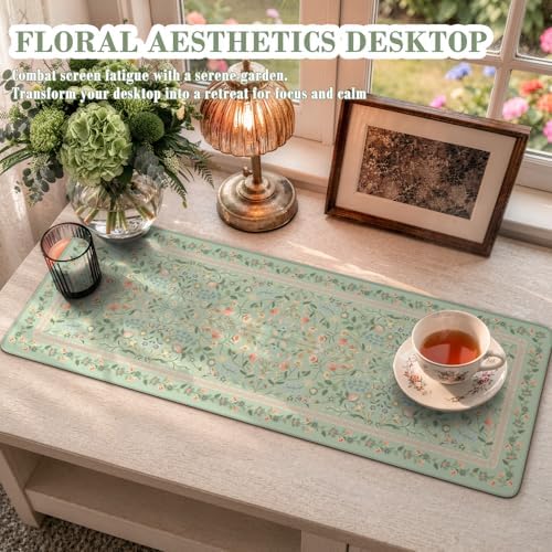 iCasso Aesthetic Floral Desk Mat,31.5x11.8in Mouse Pads,Light Green