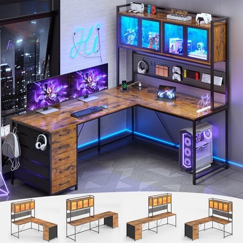 SEDETA L Shaped Gaming Corner Desk with Drawers, Hutch and Storage Shelves