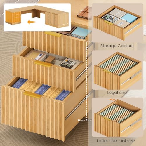 SEDETA Fluted 78.8" L Shaped Desk with 6 Drawers, Fluted Oak