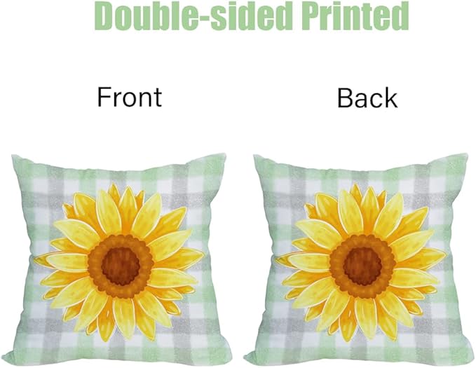Fukeen 2 Pack Waterproof Sunflower Pillow Covers 20x20 Inch Green Buffalo Plaid Yellow Floral Throw Pillow Cases Spring Summer Holiday Farmhouse Decorations Double Sided Cushion Cover Outdoor