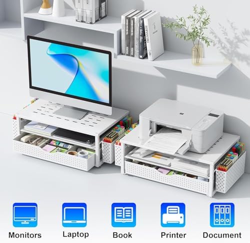 gianotter Desk Organizers and Accessories, Monitor Stand with Drawer and 2 Pen Holder, Desktop Organizer Suitable for Offices and Dormitories (White)