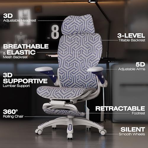 ELABEST X100 Ergonomic Mesh Office Chair with Footrest, Big and Tall Home Desk Chair with 5D Flip-Up Arms, Adjustable 3D Lumbar Support, Gaming & Executive Computer Chair (Cybernetic Pulse)