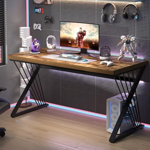 FOLUBAN Home Office Desk, Modern Wood and Metal Computer Desk, Simple Writing Work PC Desks for Bedroom, Industrial Study Gaming Table for Living Room, Rustic Brown, 53 Inch