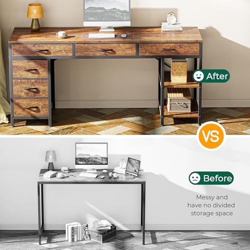 Huuger Computer Desk with 6 Drawers, Office Desk with Shelves, Reversible Gaming Desk, Large Corner Desk with Storage, Work for Home Office, Study, Living Room, 63inch, Rustic Brown