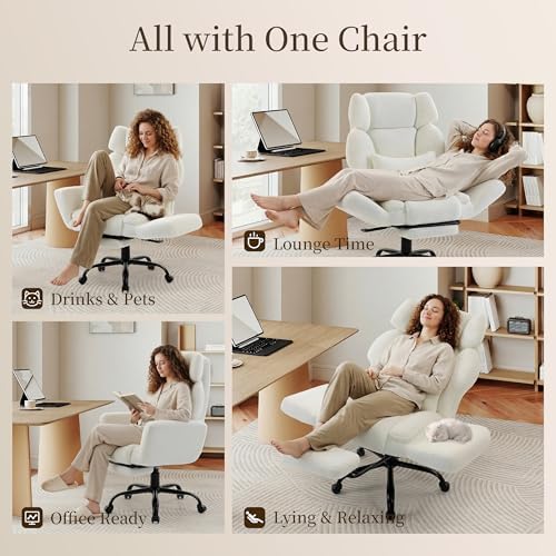 Office Chair with Flip Armrests,Big and Tall Office Chair with Foot Rest,Extra Wide Seat & Lumbar Pillow,Ergonomic Computer Gaming Chair,Comfy Criss Cross Chair for Pets Sitting,Teddy Fleece,White