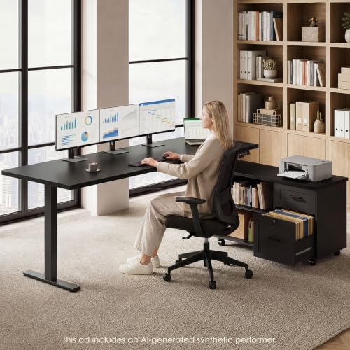 OffiGo 71 Inch L Shaped Electric Standing Desk with Cabinet Sets, Black