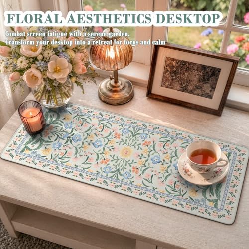 iCasso Aesthetic Desk Mat,31.5x11.8 Mouse Pads,Green Floral