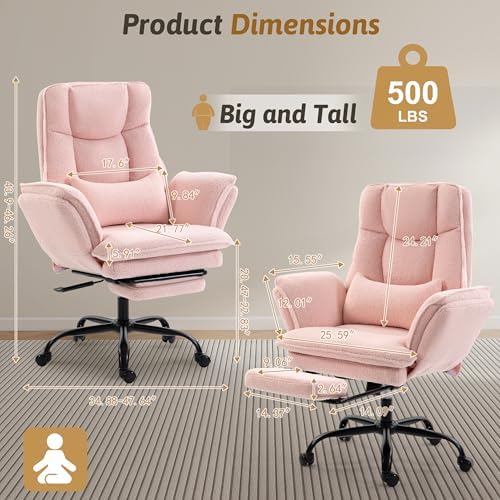 Wider Seat Office Chair with Flip Armrests for Criss Cross Legged&Cats, Big and Tall Executive Ergonomic Reclining Chair with Footrest&Lumbar Pillow, Teddy Fleece Desk Chair,Pink Vanity Chair