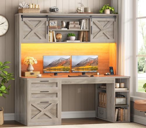 SEDETA 55.1" Farmhouse Desk with Hutch & 3 Storage Drawers