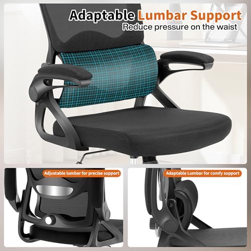 Ergonomic Office Chair,Mesh Office Chair with Lumbar Support,Mid Back Desk Chair with Flip-up Arms,400 lbs Comfy Computer Chair for Home Office