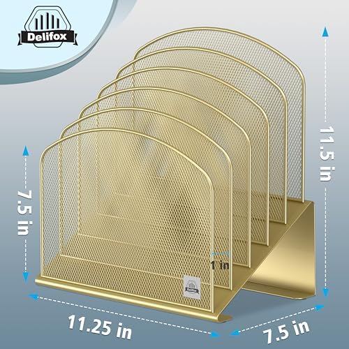 Delifox Inclined Desk File Organizer,Vertical File Folder Holder Stand Metal Rack File Sorter for Office Classroom Desktop Organization (1, Gold, 5)