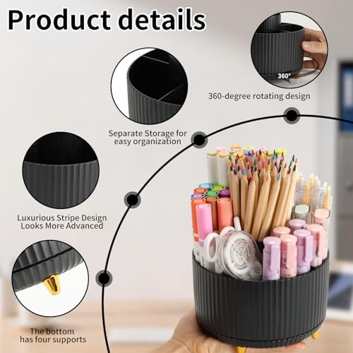 Camelmother 360°Rotating Pen&Pencil Holder For Desk With 5Slots Cute Office