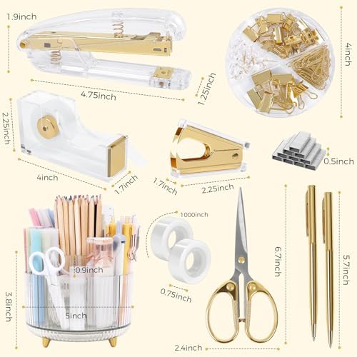 SKYDUE Gold Office Supplies Set with Pencil Holder for Desk