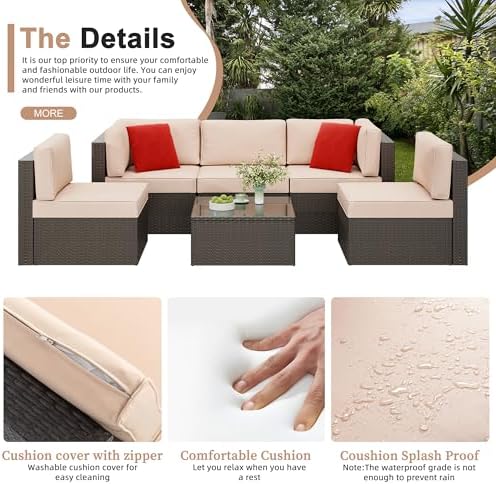 6 Pieces Patio Furniture Set Outdoor Couch Wicker Sectional Sofa, Beige