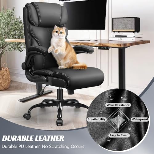 HeroSet Office Chair, Ergonomic Big and Tall Computer Desk Chairs, Executive Breathable Leather Chair with Adjustable Flip-up Armrests, Lumbar Support Swivel PC Chair with Rocking Function,Matte Black