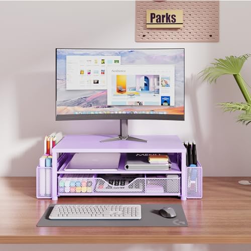OPNICE Desk Organizer and Accessories, 2-Tier Computer Monitor Stand Riser with Drawer and 2 Pen Holders, Laptop Stand, Office Desk Accessories for Office Supplies, Purple