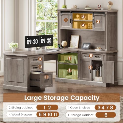SEDETA 67" Farmhouse Executive L Shaped Desk with Hutch & Storage