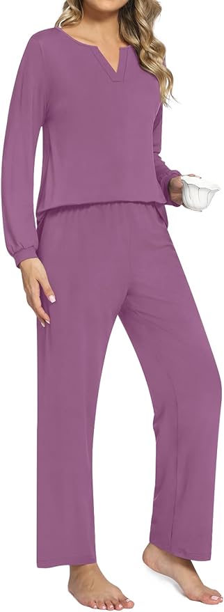 Anyally Women's Plus Size Pajama Sets Ladies Fall Pjs 2 Pieces Lounge Outfits V Neck Long Sleeves Sleepwear with Pockets