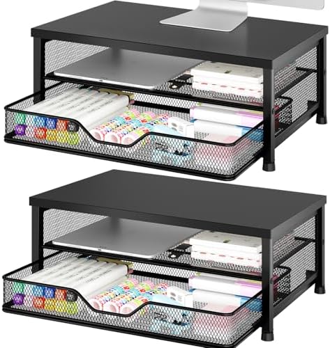 OPNICE Computer Monitor Stand Riser, Desk Organizer with Drawer, Printer & Laptop Stand, Office Desk Accessories & Workspace Desktop Organizers Storage for Office Supplies(Black 2-Pack)